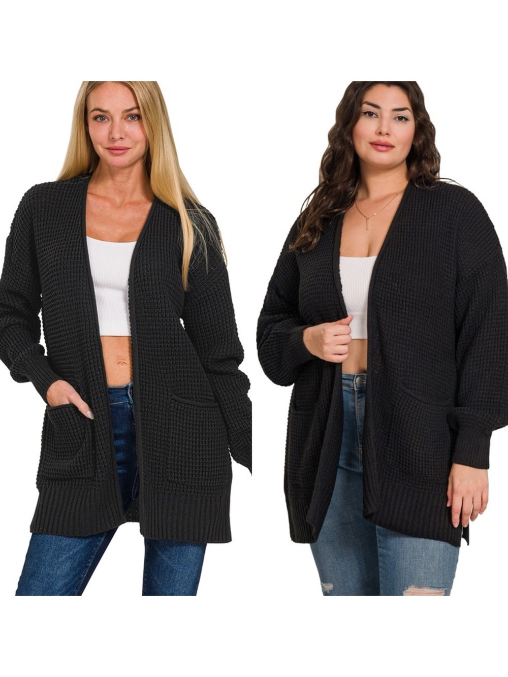Zenana Outfitters Black Open-Front Waffle Knit Cardigan